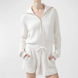 ATM Anthony Thomas Melillo Women's 3/4 Zip Ribbed Drawstring Romper Short Large